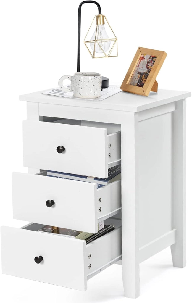 Comodino a 3 Cassetti, Comò Cassettiera Salvaspazio e Moderno in Legno, Mobile con Cassetti per Camera da Letto, Soggiorno, Cucina, Corridoio, 46 x 37 x 65 cm (Bianco x 2)