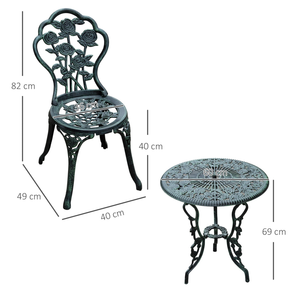 Set bistrot da giardino 3 pezzi con tavolo e 2 sedie in ferro verde antico