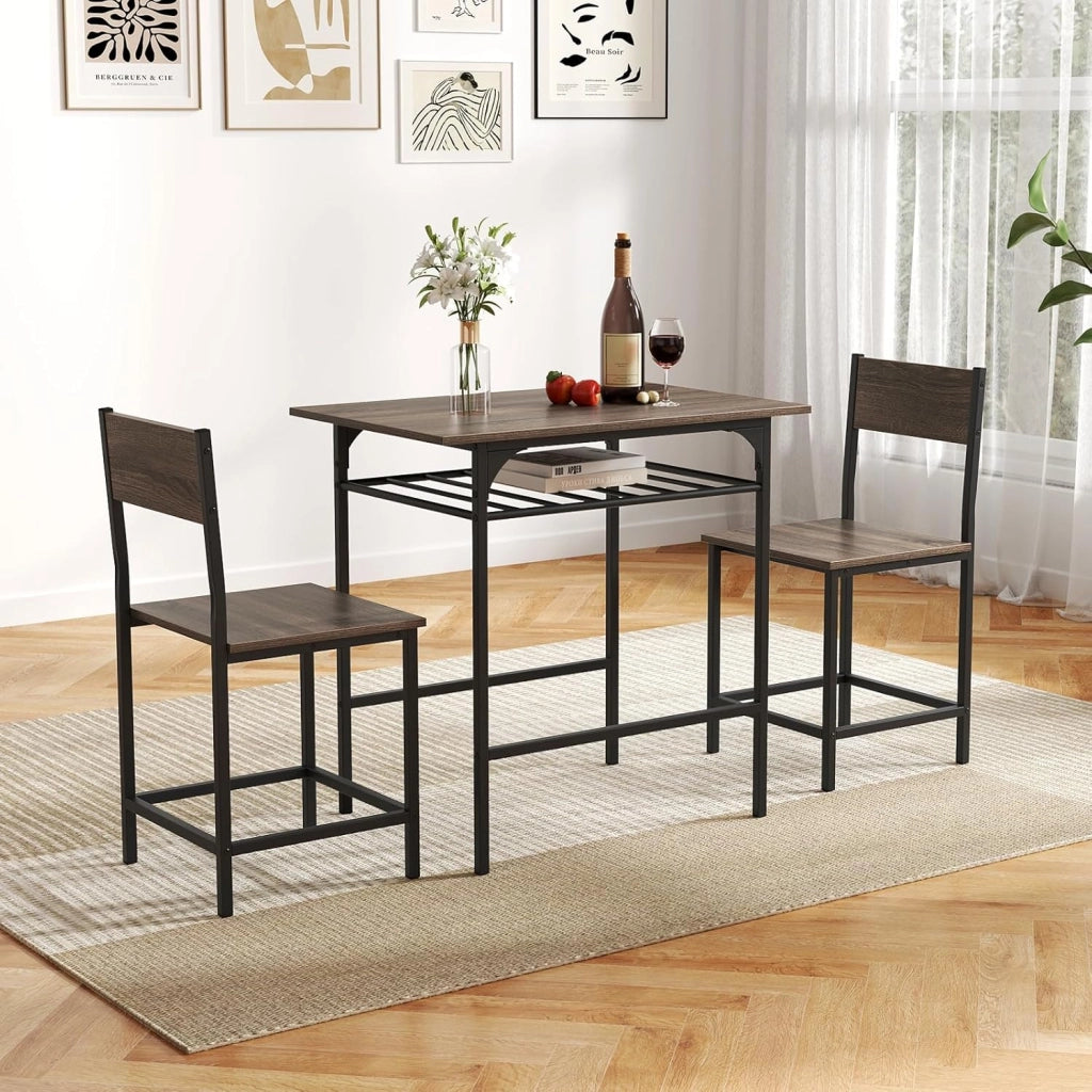 Set da pranzo 3 pezzi, tavolo da pranzo con ripiano per bottiglie e 2 sedie con schienale, design compatto, stile industriale, tavolo da colazione per 2 persone (grigio)
