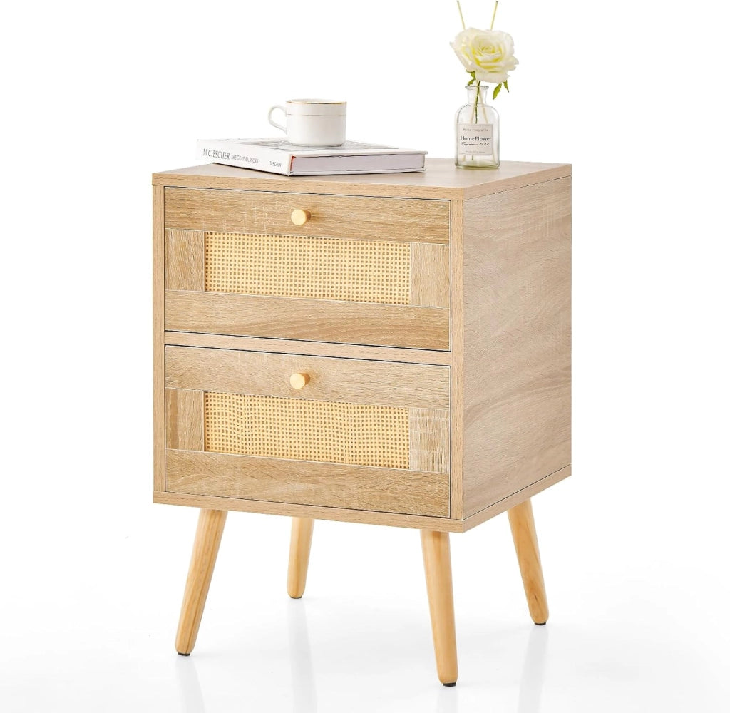 Comodino con 2 cassetti in rattan, comodino in legno, tavolo laterale stretto con gambe in pino, comodino per camera da letto, soggiorno, 40 x 40 x 59 cm (2 pezzi)