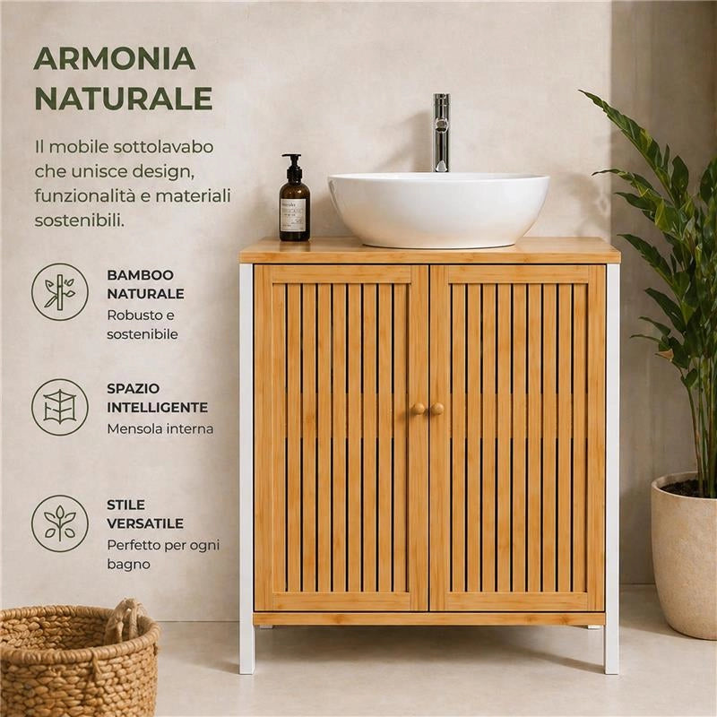 MOBILE SOTTOLAVABO IN LEGNO BIANCO CON 2 ANTE IN BAMBOO DIMENSIONI 60X30X70 CM