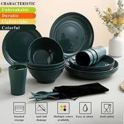 Set di vasellame in plastica da 28 pezzi, tazze, ciotole, piatti, coltelli, forchette, cucchiai per uso campestre, picnic e quotidiano, resistente alla lavastoviglie (verde scuro)