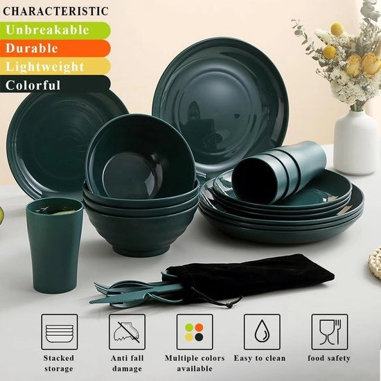 Set di vasellame in plastica da 28 pezzi, tazze, ciotole, piatti, coltelli, forchette, cucchiai per uso campestre, picnic e quotidiano, resistente alla lavastoviglie (verde scuro)