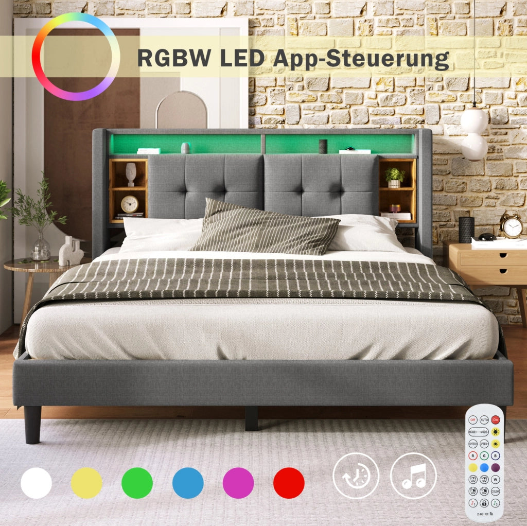 Letto imbottito 140x200 cm grigio con LED, USB, presa e materasso