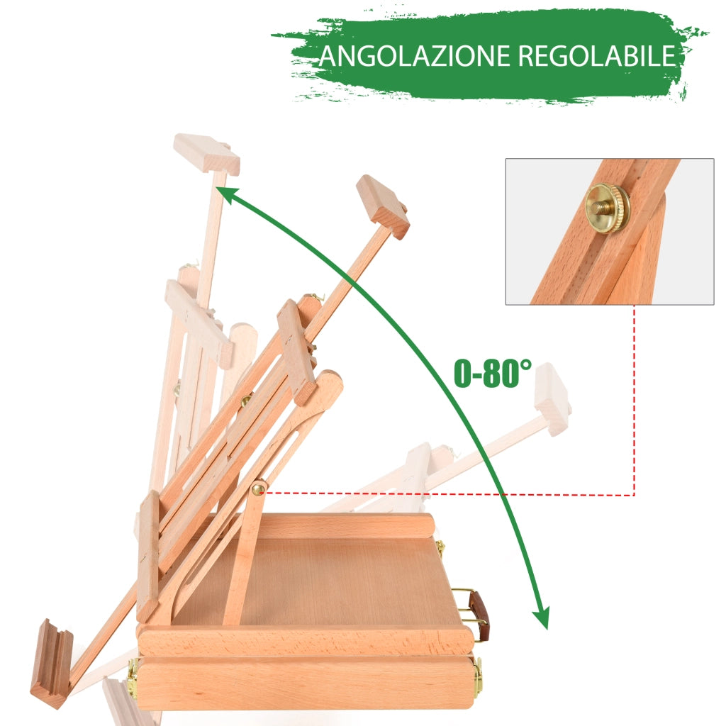 Cavalletto in Legno di Faggio con Cassetto Inferiore, Altezza e Angolazione Regolabile, 42x36x12.5 cm