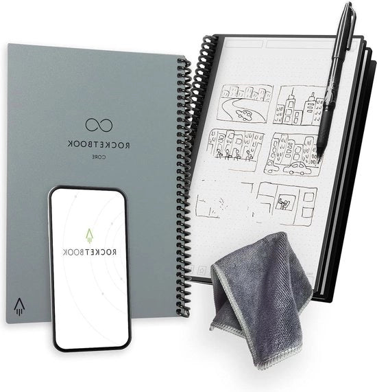 Notiziaro A5 grigio con punterie digitale, blocco spirale sostenibile con pennarello Frixion inclusa