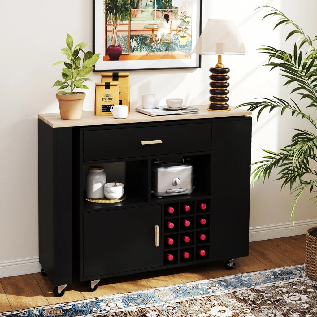 Carrello da cucina con piano in legno di gomma ripiano regolabile porta calici, Mobile 2 in 1 su ruote Nero-Carrelli