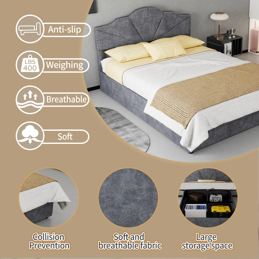 DESMIU Letto contenitore 140 × 200 cm 2 posti con testiera geometrica, senza materasso, in tessuto, grigio