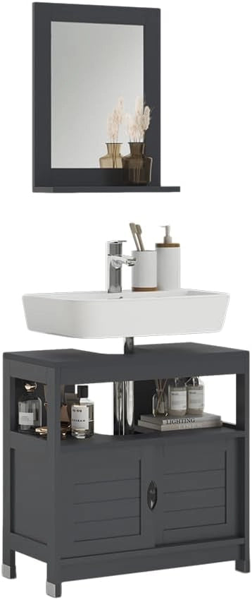 Set di mobili da bagno Vilda, Grigio, 60 cm, composto da specchio da bagno e mobile sottolavabo