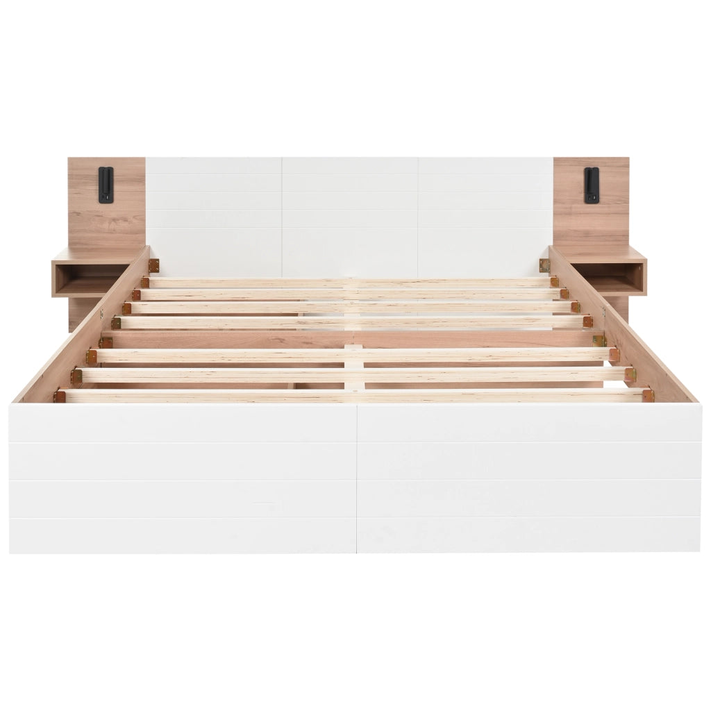 Letto matrimoniale 140x200 cm in legno massiccio e MDF con 2 cassetti, luce LED da lettura, USB e materasso
