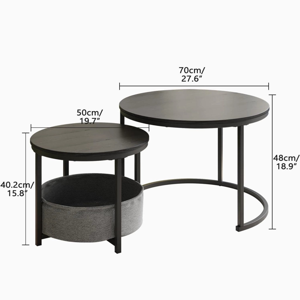 Set di tavolini rotondi 73.5x73.5x9 cm impilabili con tasca portaoggetti in metallo e legno nero antico