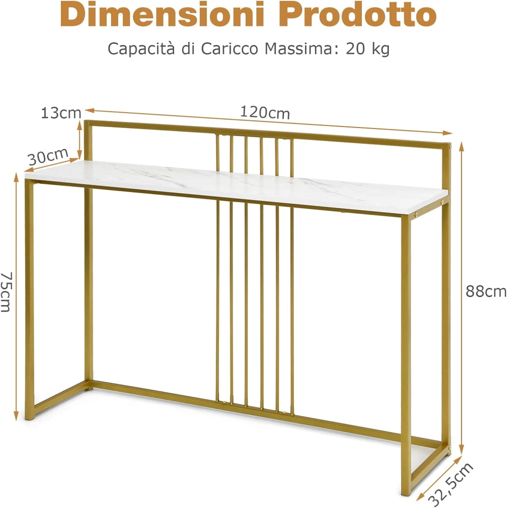 Tavolo Consolle 120 cm, Tavolo d’Ingresso con Piano Effetto Marmorino e Sponda, Consolle con Struttura in Metallo Dorato per Salotto, Corridoio e Ingresso (Bianco)