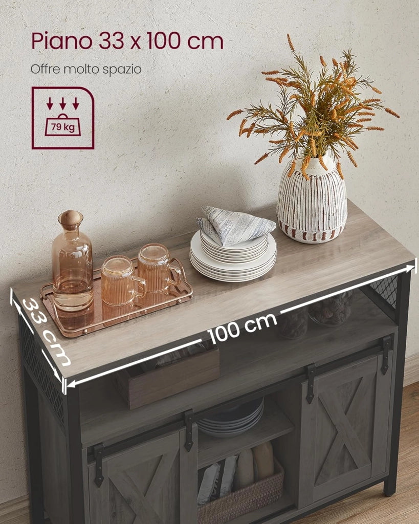 VASAGLE Credenza, Mobile da Cucina, Armadietto Organizzatore, con 2 Ante Scorrevoli, 33 x 100 x 80 cm, Ripiani Regolabili, Stile Country, per Soggiorno, Greige Melange e Nero Inchiostro LSC092B02