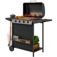 Barbecue a Gas con 4+1 Bruciatori Indipendenti e Coperchio con Termometro, 121x54x97 cm, Nero