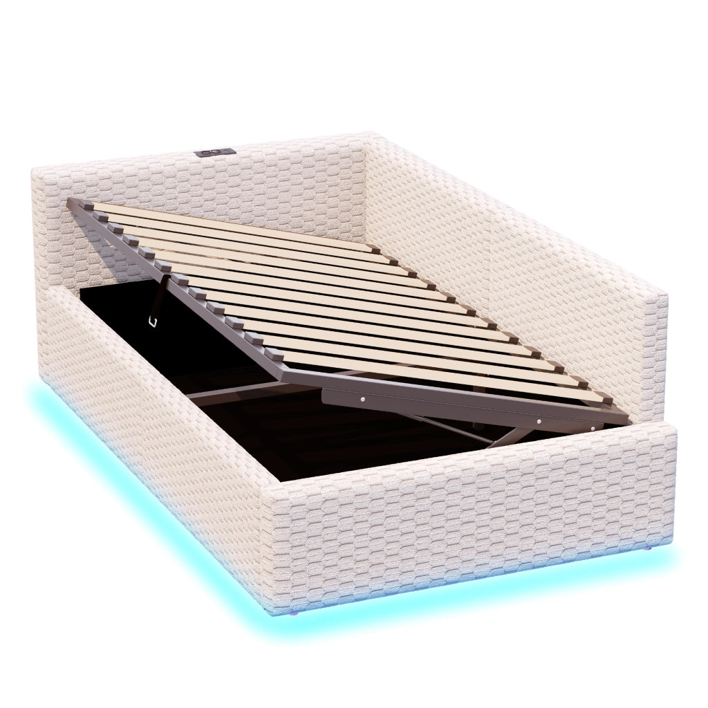 Letto imbottito 90x200 cm con contenitore; LED e ricarica USB-C in velluto
