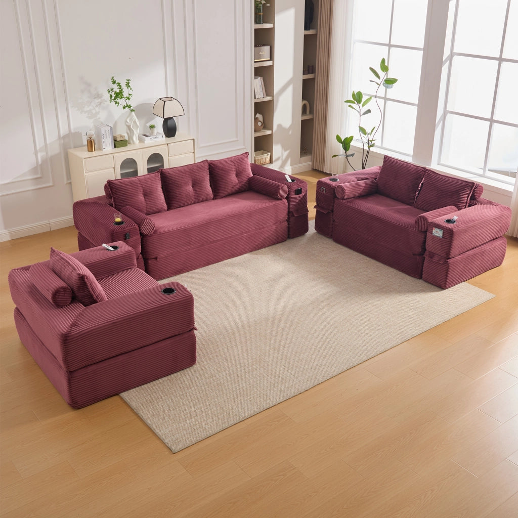 Divano convertibile con tasche laterali, portabicchieri e cuscini memory in corduroy rosso vino 232 × 98 × 80 cm
