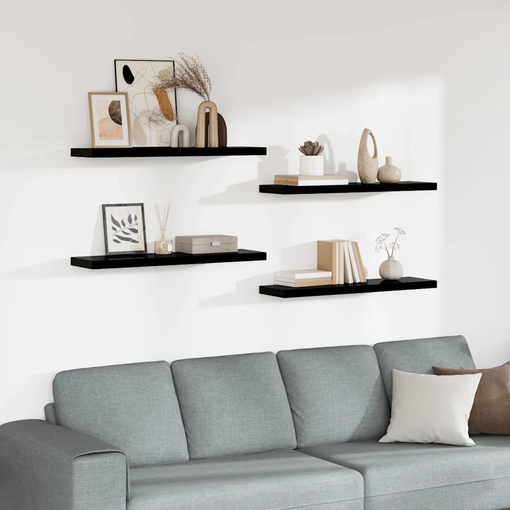 Scaffali a Parete 4 pz Nero Lucido 90x23,5x3,8 cm in MDF 323777