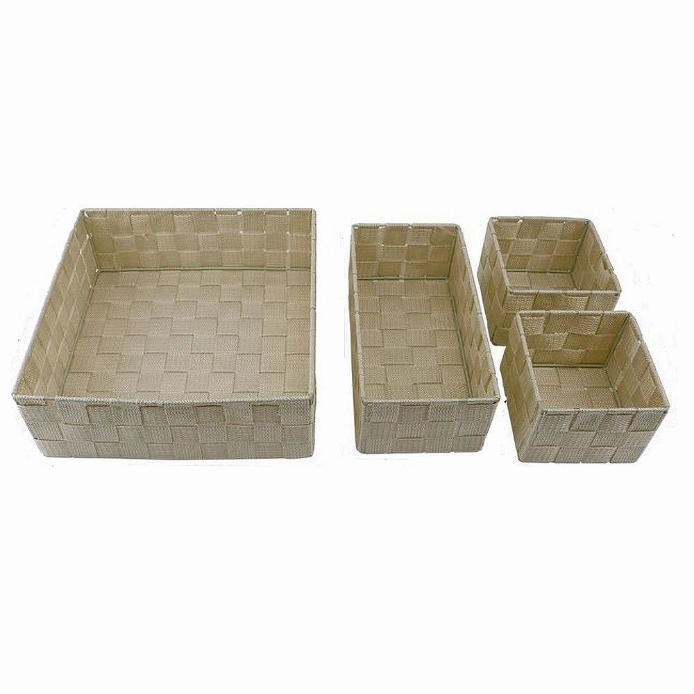 Trade Shop - Set 4 Pezzi Contenitori Beige Scatola In Tessuto Organizer Porta Oggetti 79063 -