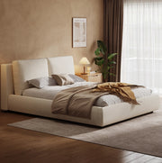 Letto imbottito con vano contenitore e testiera in bouclé beige
