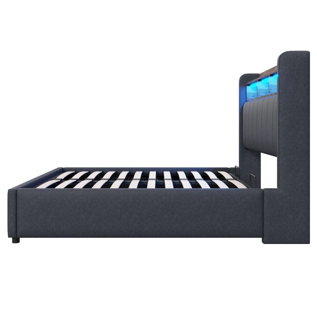Letti contenitori 140x200 cm; LED e USB; contenitore idraulico; lino; grigio