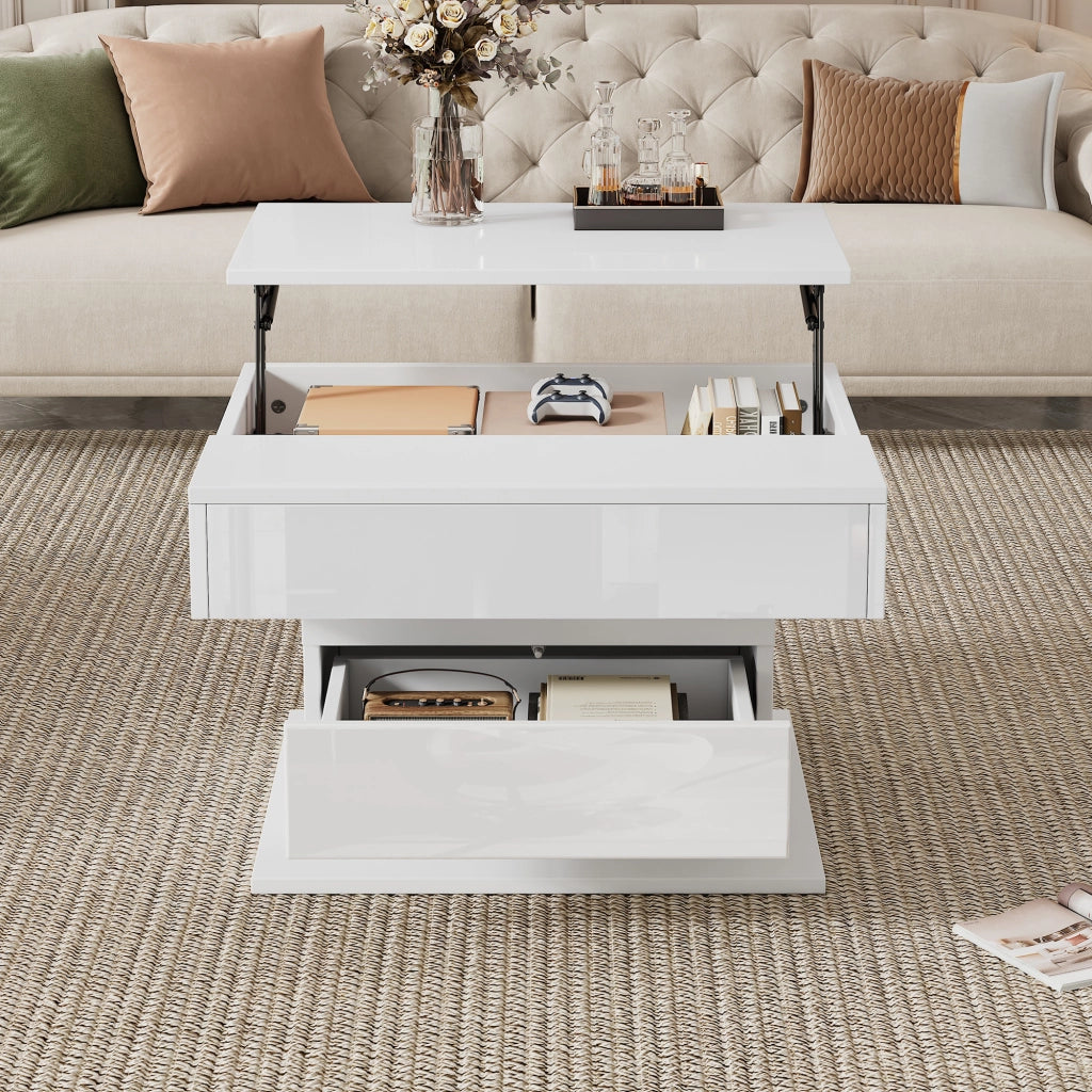 Tavolino da caffè 70x70x45 cm; piano ribaltabile e girevole 360°; pannello truciolare bianco