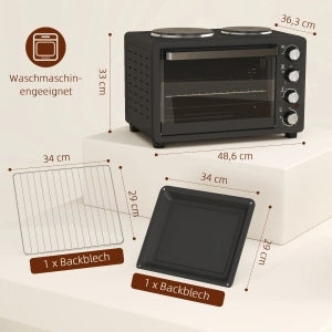 Mini Forno Elettrico 28L 2600W, 100-230°C, Timer 60 Min, con 2 Piastre Riscaldanti, Teglia, Griglia e Vassoio Briciole, Maniglia, Nero