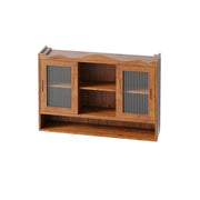 Armadietto pensile con 2 Ante scorrevoli e 3 Ripiani removibili; per Bagno; in Legno massello e Vetro; 90 × 20 × 60 cm; Marrone