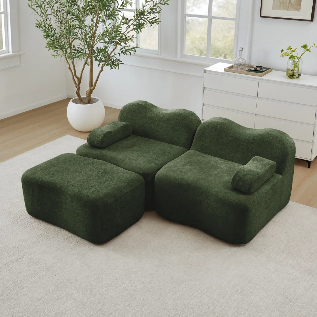 Divano angolare modulare senza struttura con pouf e cuscino bracciolo mobile in velluto verde per casa
