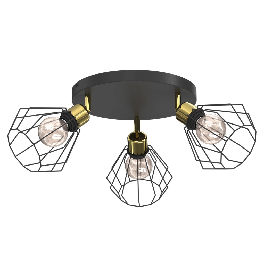 Lampada soffitto industriale Parkla 3 luci E27 nero oro