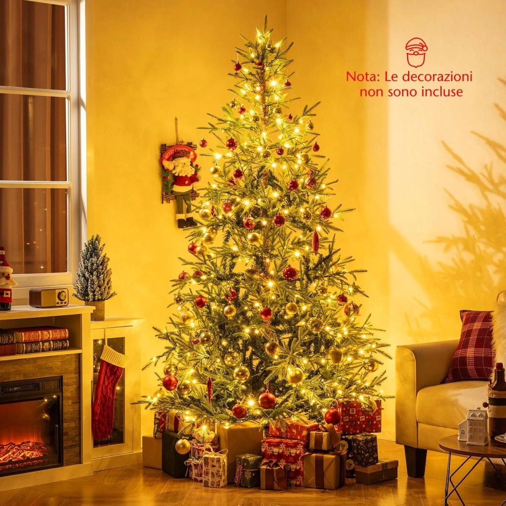 Albero di Natale Artificiale Pre-illuminato 210 cm, Albero di Natale con 300 Luci LED Calde e Multicolori, 11 Modalità, 678 Rami PVC e PE, Base Metallica Pieghevole (210 cm)