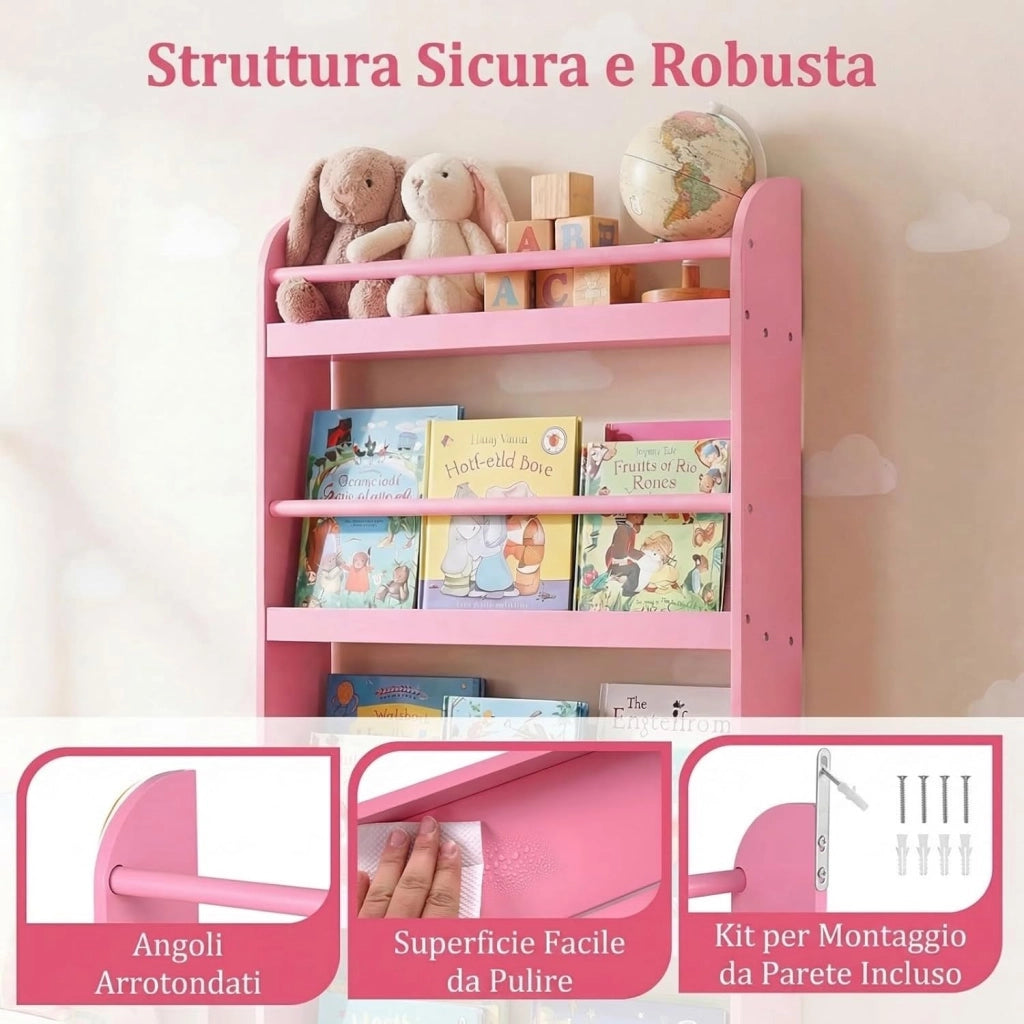Libreria da Parete per Bambini, Scaffale Portaoggetti a 4 Livelli con Barre di Protezione e Bordi Rialzati, Libreria Salvaspazio per Cameretta per Bambini 3+ Anni, 56 x 12 x 107 cm (Rosa)