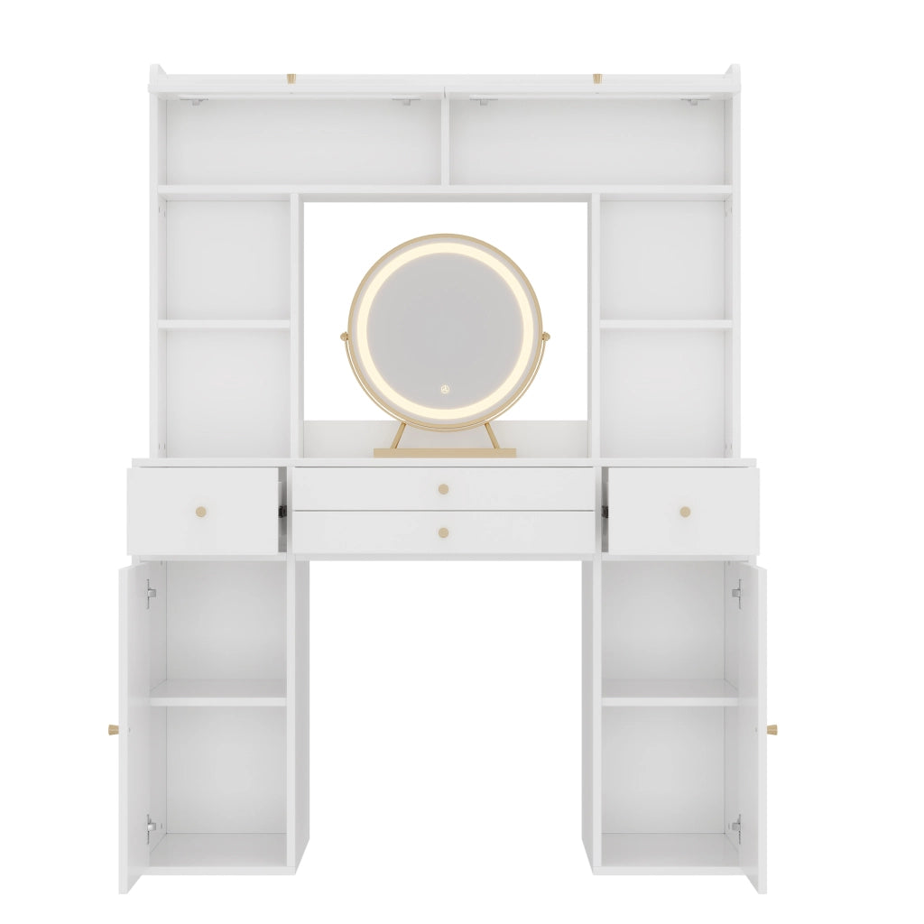 Tavolo da trucco con specchio rotondo, illuminazione LED, 4 cassetti, 4 vani aperti, 2 armadietti e 2 ante in vetro, bianco, 120¡Á40¡Á160 cm