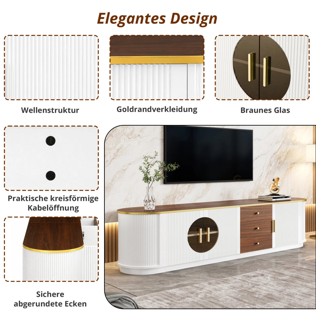 Mobile TV in MDF bianco 180 cm con 3 cassetti; 3 ante e vetro marrone