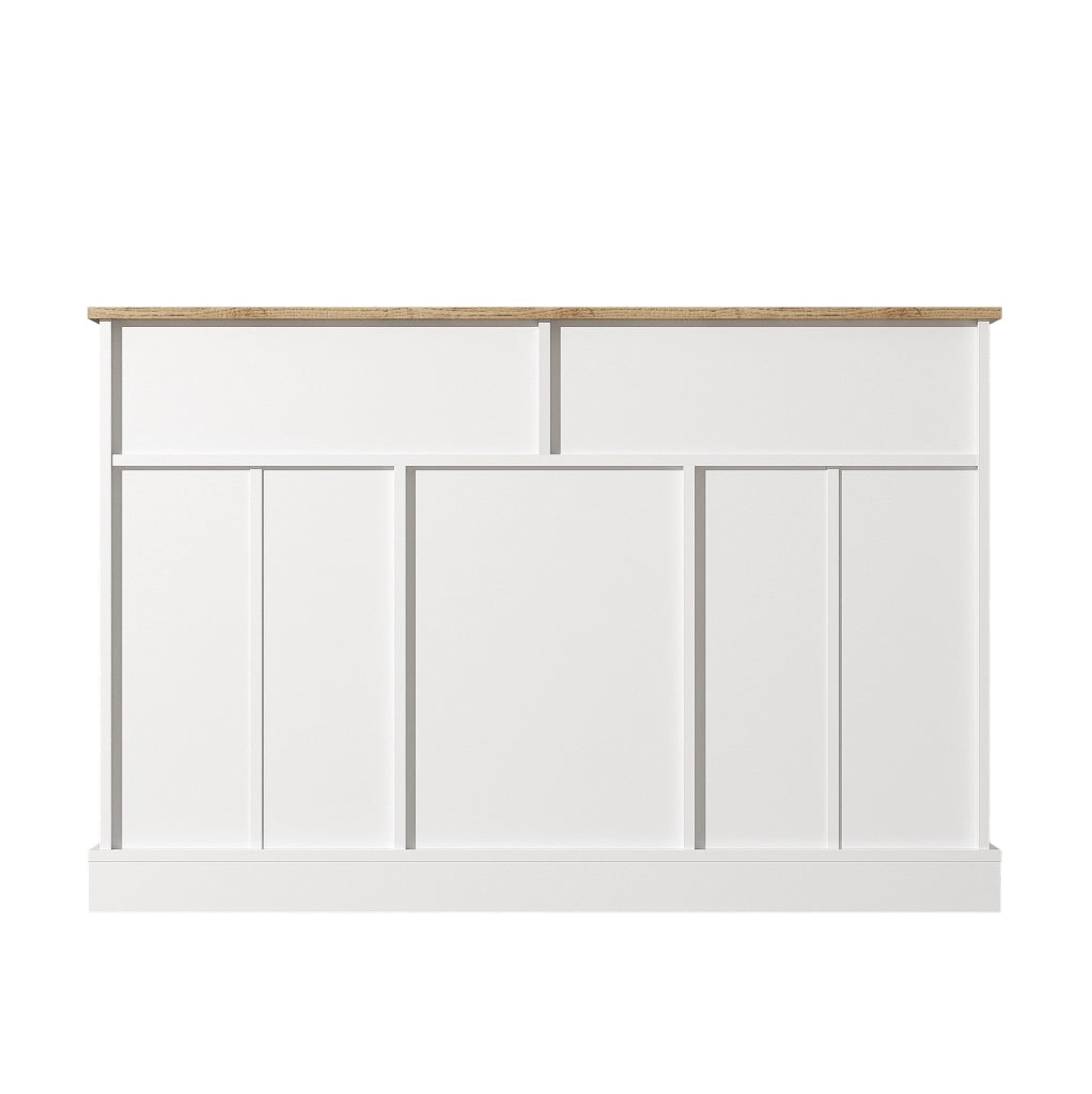 Sideboard 120x36x80.5 cm con 3 ante e 2 cassetti; pannello truciolare bianco e legno