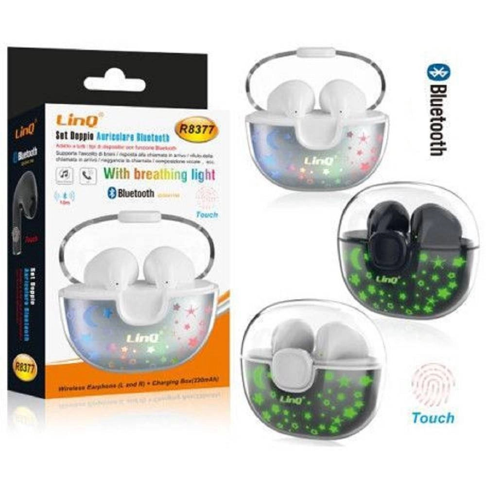 Trade Shop - Set Doppio Auricolare Cuffie Bluetooth Luce Led Rgb Touch Box Base Ricarica R8377 -