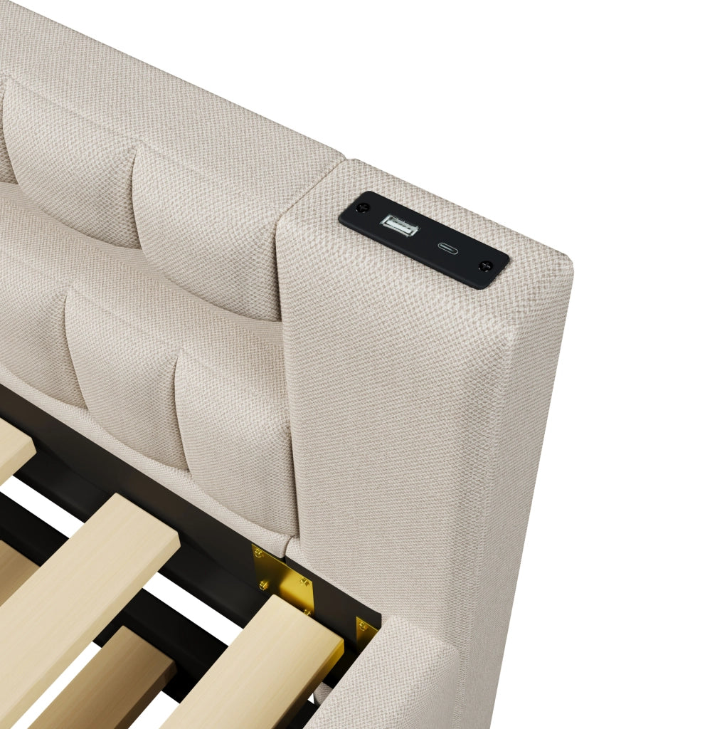 Divano letto beige 90 x 200 cm con letto estraibile, LED, USB e Type-C