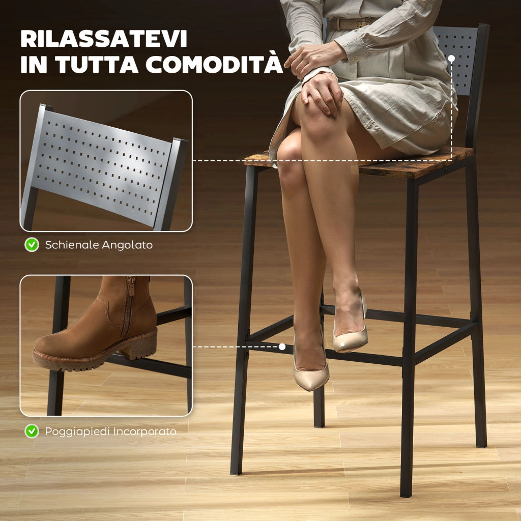 Set 2 Sgabelli da Bar in Stile Industriale con Schienale e Poggiapiedi 43,2x50,5x97,8 cm in Metallo e MDF Marrone