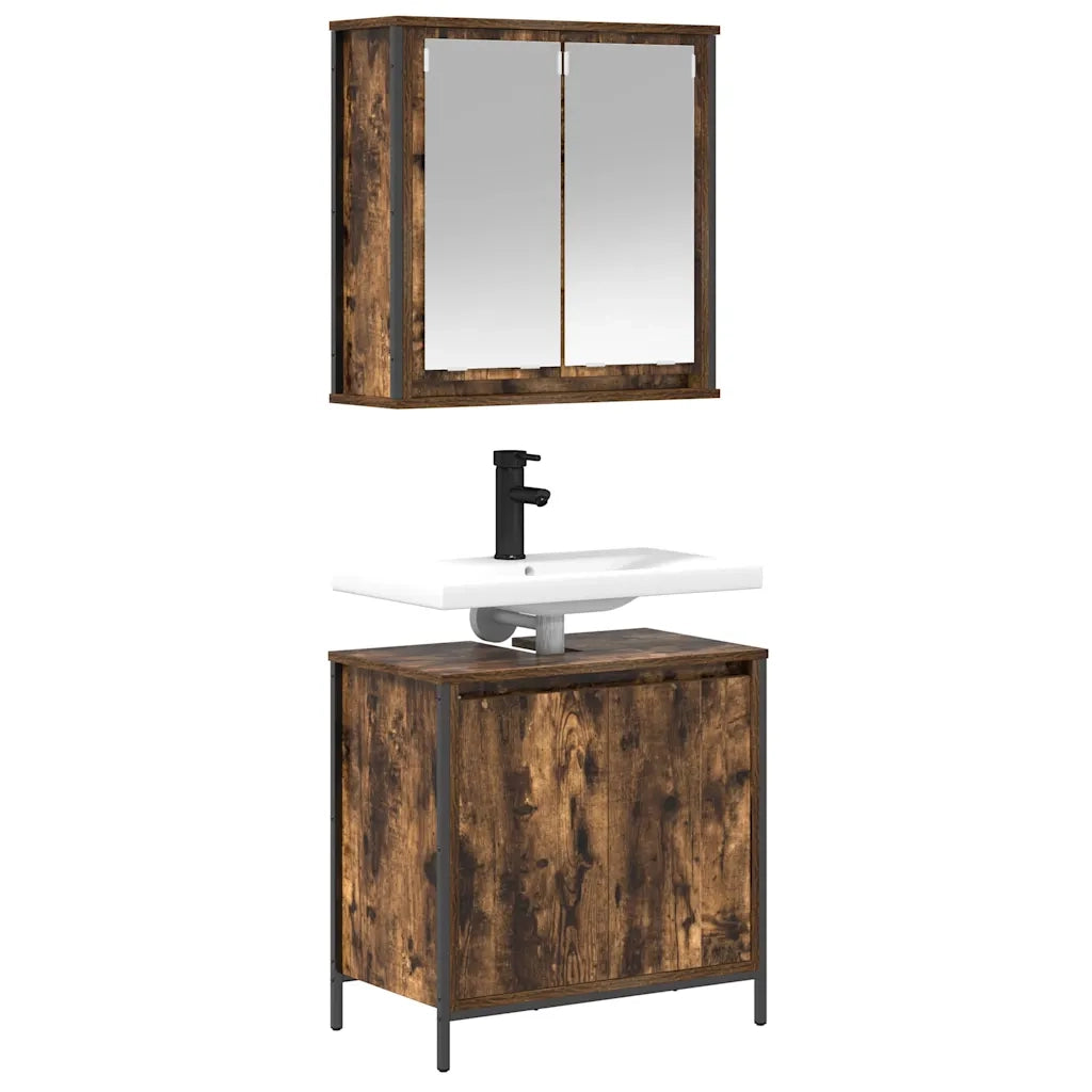 Set Mobili da Bagno | Armadio da bagno 2 pz Rovere Fumo in Legno Multistrato