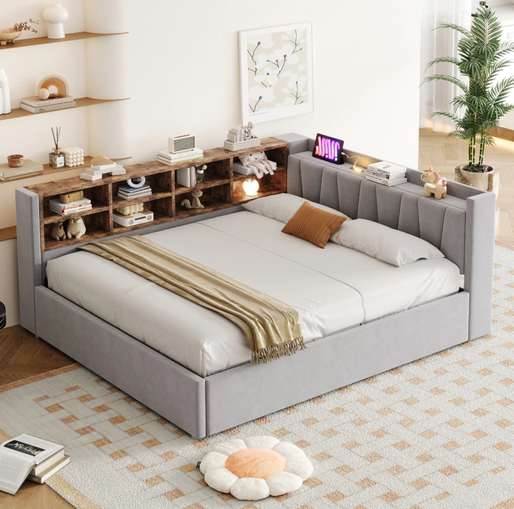 Letto imbottito 140x200 cm con vano contenitore, USB, Type-C e ripiani