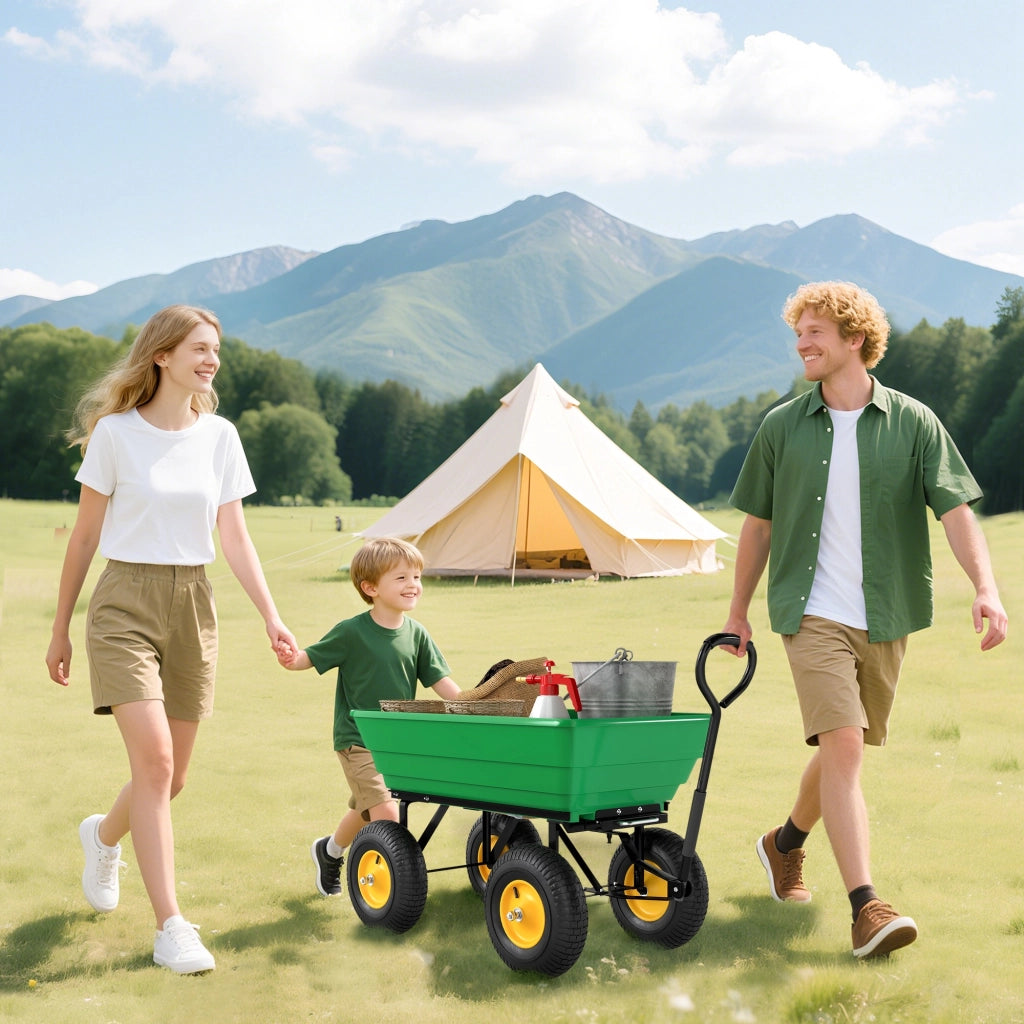 Carrello da Giardino 75L in Acciaio e PP con Vasca ribaltabile e Maniglia, 109x52x94 cm, Verde