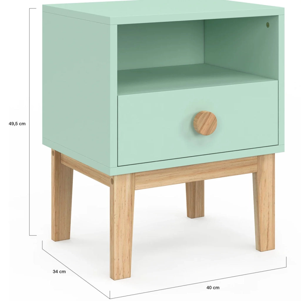 IDMarket - Comodino per bambini JACOB, 1 cassetto + 1 nicchia, verde acqua e legno