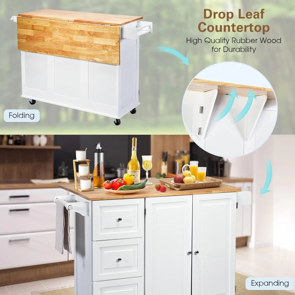 Carrello da Cucina, Credenza Mobile Salvaspazio, Ruote con 2 Freni, Piano Pieghevole, 2 Ripiani Regolabili, 3 Cassetti, 2 Ante, Portaspezie e Portasciugamano, 111x76x91 cm, Bianco