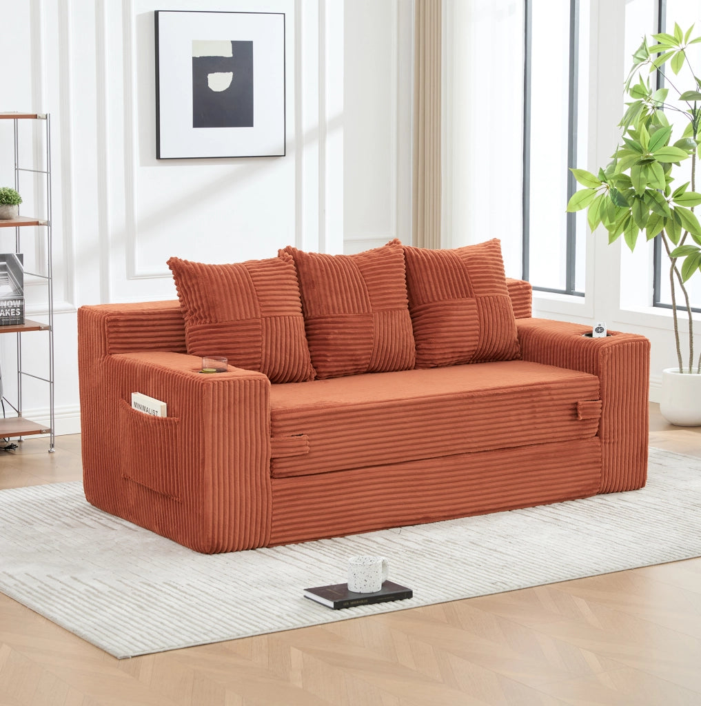DIVANO MODULARE 2 POSTI a Pavimento 172x87x64 cm in Velluto a Coste Arancione