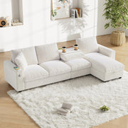 Divano letto angolare 280x137x84 cm con tavolino ribaltabile e contenitore in chenille beige
