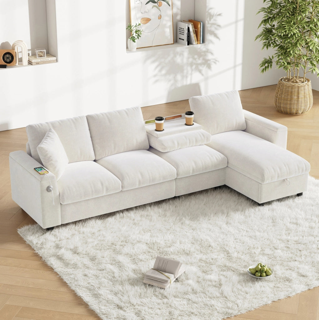 Divano letto angolare 280x137x84 cm con tavolino ribaltabile e contenitore in chenille beige