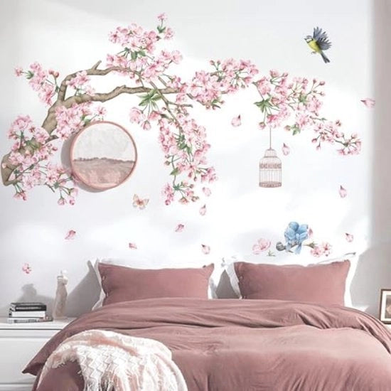Fiori di ciliegio su un albero con una striscia di stucco - Muraux con fiori rossi e uccelli per camera da letto e soggiorno - Decorazione da parete autoadesiva