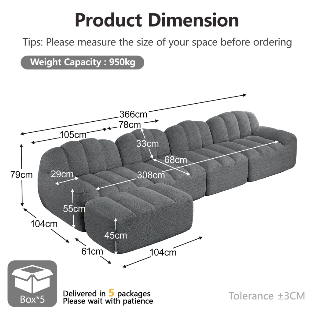 Divano modulare con ottomano e seduta ampia in pile granulato grigio per soggiorno e relax 366 × 165 × 79 cm