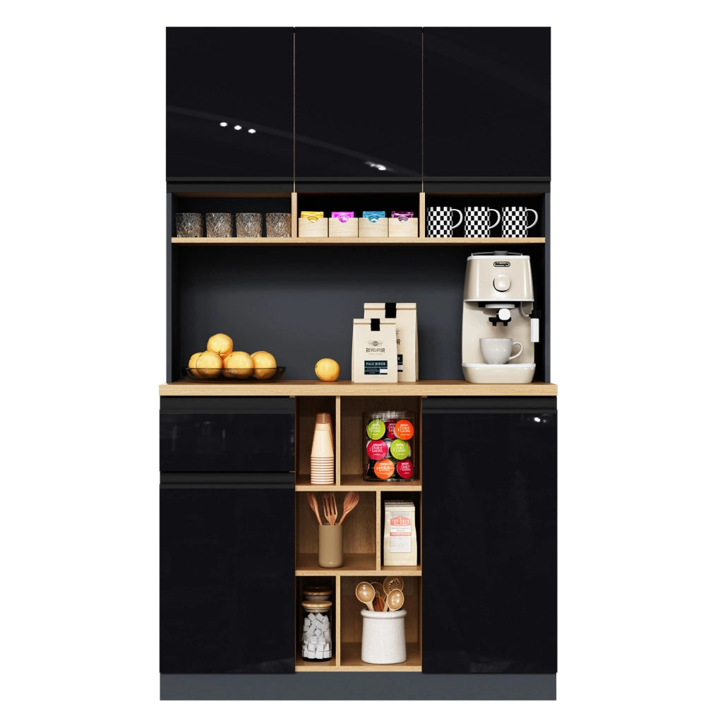 Mobile alto da cucina in MDF nero e naturale con ante, cassetto e ripiani