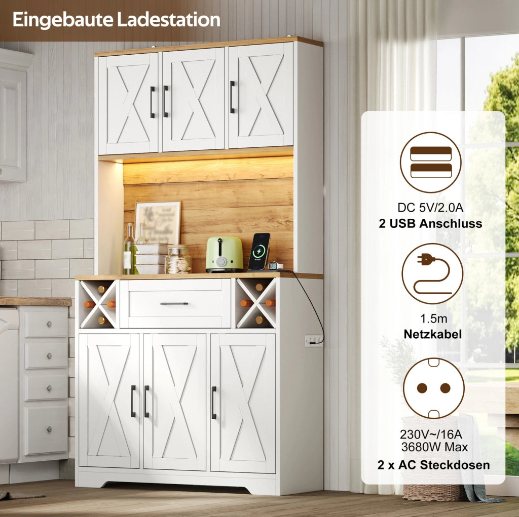 Credenza cucina alta con LED RGB; prese e portasvino; 105x40x180 cm; MDF bianco naturale