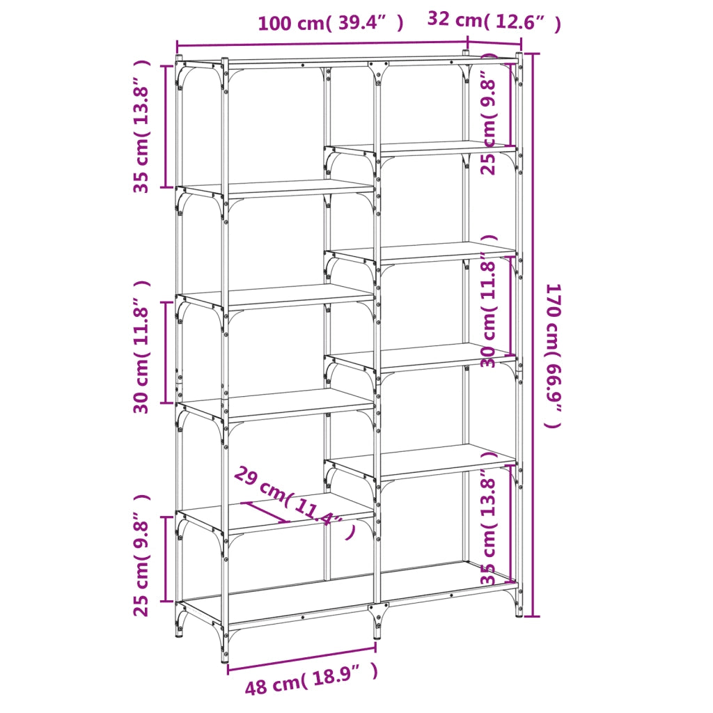 Libreria-Scaffale per Libri-Mobile di Stoccaggio Rovere Fumo 100x32x170 cm in Legno Multistrato e Ferro